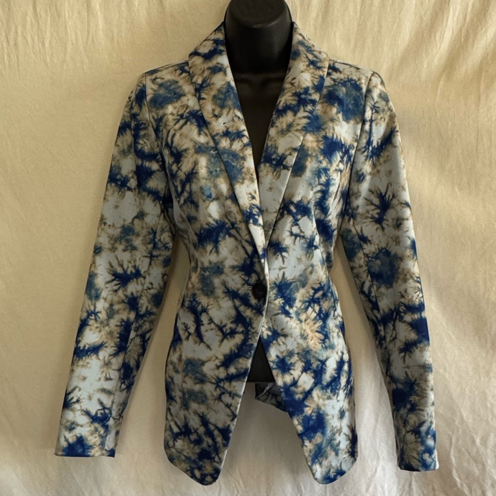 B-42 LOGO Lori Goldstein Cream‎ & Blue Tie Lined Blazer Suit Jacket Size XXS